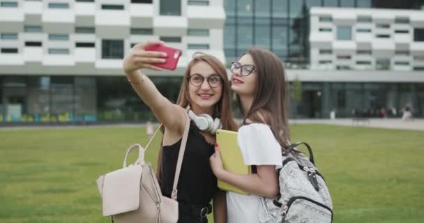 Två vackra sorglösa tjejer som tar Selfie med en smart telefon. Kvinnor gör roliga ansikten. Bästa vänner som tar foton. Turism, resmål och vänskaps koncept — Stockvideo