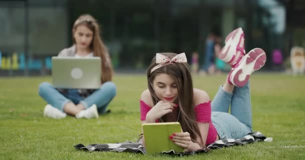 Dos hembras sentadas en el césped en un parque encantador y usando una computadora portátil y una tableta. Dos hermosas chicas relajándose en el parque . — Vídeo de stock