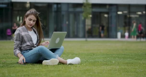 Gelukkige vrouw ontvangen van een telefoonbericht terwijl is met behulp van een laptop zitten op een bank in een park — Stockvideo