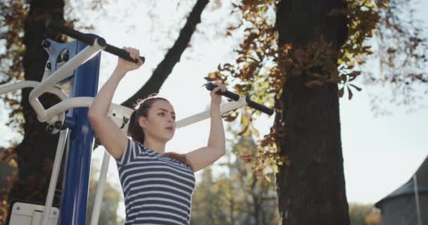 Porträtt av söt brunett flicka torkar svett från pannan med en hand. Shes trött efter intensiv konditionsträning. Ung motiverad flicka i parken på sommaren, heati livsstil, idrotts befruktning. — Stockvideo