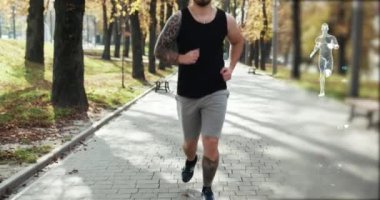 Sağlıklı Veri Futuristik Fitness İzleme Uygulaması Artırılmış Gerçeklik Arayüzü. Atletizm koşucusu, parkta kulaklık takarak antrenman yapıyor. Sağlıklı yaşam tarzı kavramı.