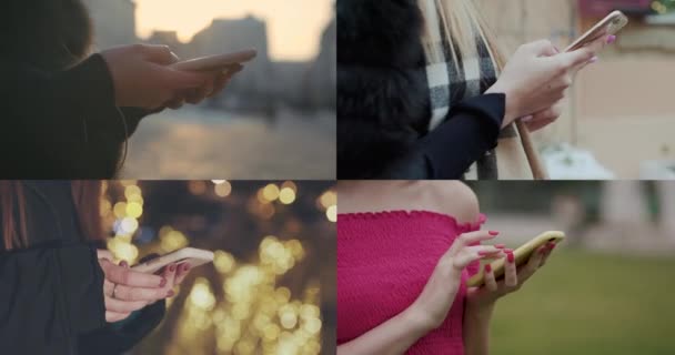 Multiscreen Collage of Different People Hands Textování nebo psaní SMS na chytrých telefonech. Lidé ruce pomocí mobilních telefonů a chytrých telefonů. — Stock video