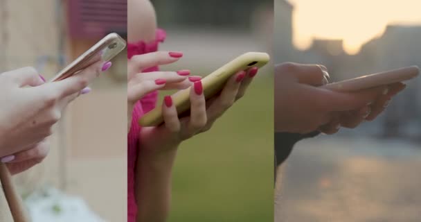 Primo piano di mani tenendo Smartphone testo digitazione sul touch screen e l'utilizzo di applicazioni. Messaggio di digitazione delle mani della persona nei social network e in cerca di informazioni . — Video Stock