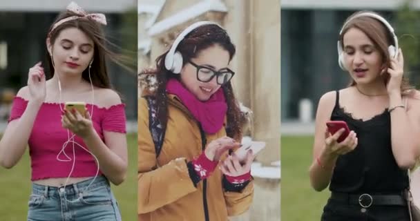 Multiscreen på människor Använda smartphone Njuta av musik Gå på gatan lyssnar på musik i hörlurar. Vackra kvinnor lyssnar på musik på smartphone. Teknik och kommunikation — Stockvideo