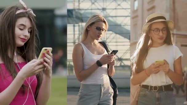 Multiscreen op mensen die Smartphone gebruiken in het dagelijks leven. Mensen die de mobiele telefoon gebruiken. Geen mobiele telefoon Phobia — Stockvideo