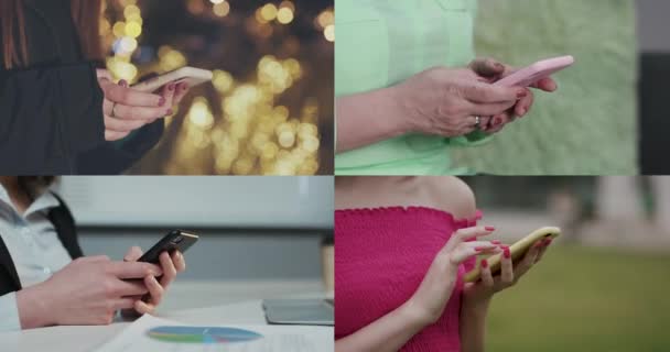 Colagem Multiscreen de Pessoas Diferentes Mãos Texting ou Digitação SMS em Smartphones. As pessoas mãos usando telefones celulares e telefones inteligentes . — Vídeo de Stock