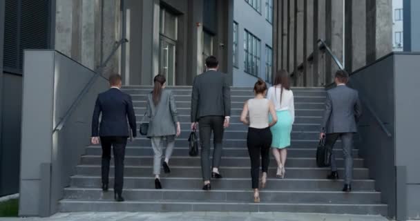 Jovens colegas de negócios voltando de sua pausa. Homens e mulheres de fato formal a subir escadas para um prédio de escritórios. Parceria, conceito de empresários de comunicação. — Vídeo de Stock