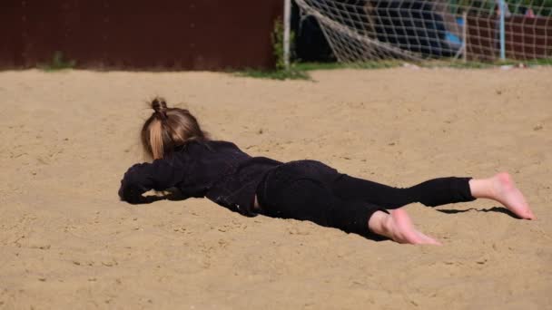 Little Funny Girl Black Suit Swims Sand Imaging Sea Pool — Stock Video