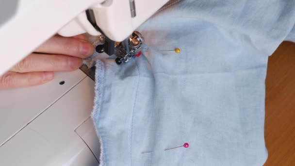 Hands Unknown Seamstress Sutured Denim Shirt Female Designer Works Home — Stock Video