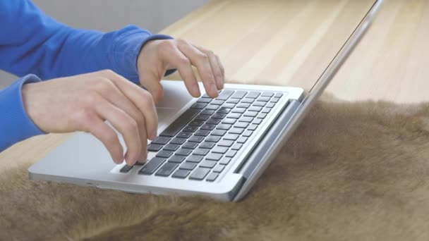 Las manos están escribiendo mensaje en el teclado del ordenador portátil de pie sobre una alfombra en una mesa de madera — Vídeo de stock