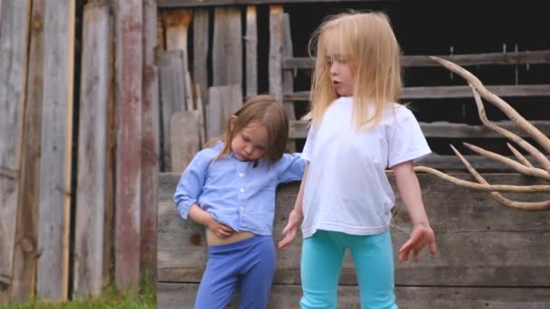 Deux petites filles élégantes et sérieuses en vêtements à la mode — Video