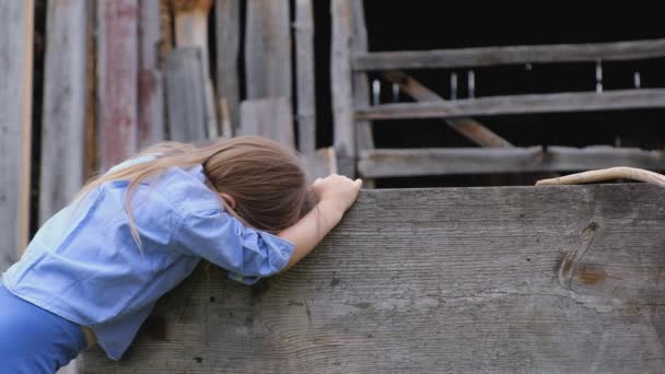 Грустная маленькая девочка в голубой одежде, сложенная на деревянном барьере — стоковое видео