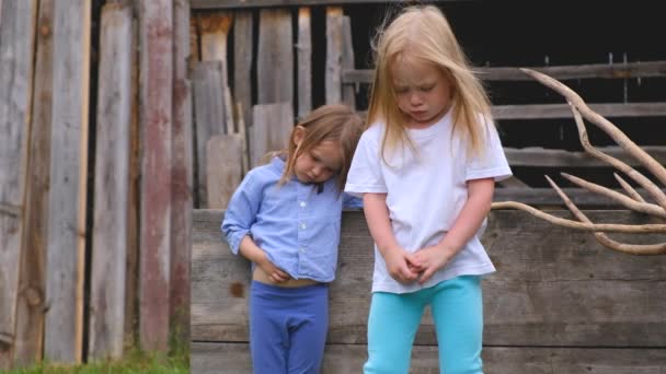 Two beautiful little stylish girls posing in the courtyard Stock Footage