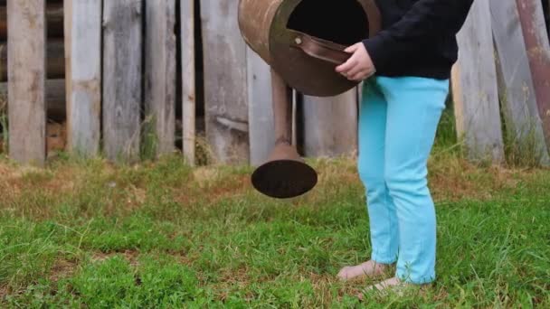 Mała pozytywna dziewczyna podlewania ze starym zardzewiałe podlewanie może — Wideo stockowe