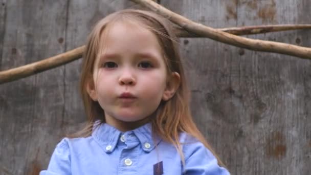 Porträt eines schönen kleinen Mädchens, das in bäuerlicher Atmosphäre posiert — Stockvideo