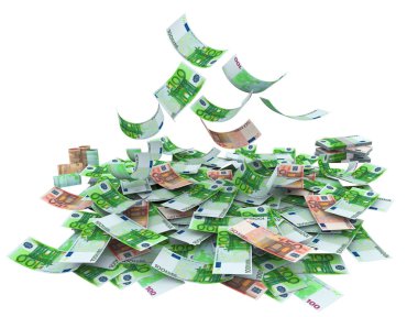 Falling 100 and 50 euros on white background