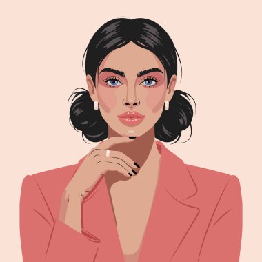 Pembe ceketli kendine güvenen bir kadının moda portresi. Markalaşma, dergiler, sosyal medya, reklamcılık, posterler, kartlar ve modern moda projeleri için en az illüstrasyon.