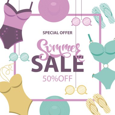 Mayo, güneş gözlüğü, şapka, flip flop ile yaz satış banner. Düz stil. 