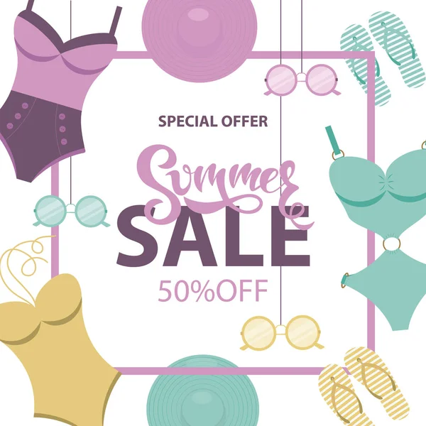 Summer Sale Banner Swimsuits Sunglasses Hats Flip Flops Flat Style — Stock Vector