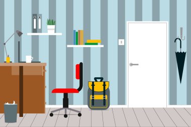 Bir çocuk odası mobilya, kapı, okul çantası ve şemsiye ile rahat bir iç. Düz tasarım. Vektör çizim.