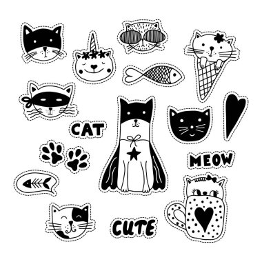 Siyah ve beyaz doodle stikers kediler, kalpler, balık ve pençeleri ile. 
