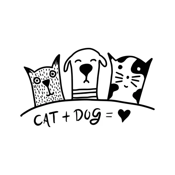 Komik köpek ve şirin kedi arkadaşlarım. Siyah ve beyaz doodle hayvanlar. Vektör çizim.