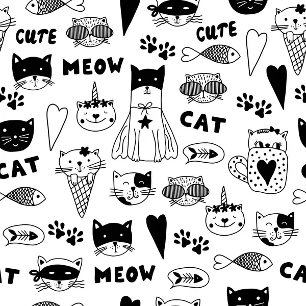Wzór Doodle Koty Czerni Bieli Ręcznie Rysowane Zwierząt Mogą Być — Wektor stockowy