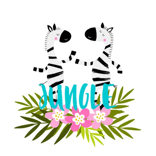 Zebras Dos Desenhos Animados Com Flores Tropicais Folhas Letras Selva —  Vetores de Stock
