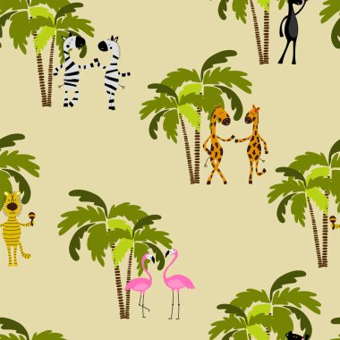 Flamingo, zürafa, zebra, kaplan, panter ve palmiye ağaçları ile Seamless modeli. Yaban hayatı. Orman.