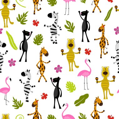Flamingo, zürafa, zebra, kaplan, panter ve palmiye ağaçları ile Seamless modeli. Yaban hayatı. Orman.