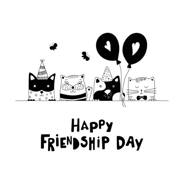 幸せな友情日 かわいい猫の親友 落書きスタイル ベクトル図 — ストックベクタ