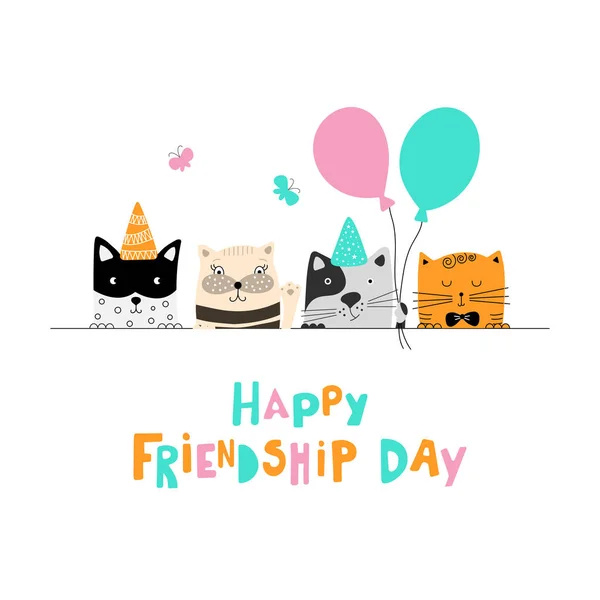 Feliz Día Amistad Lindos Gatos Mejores Amigos Estilo Doodle Ilustración — Archivo Imágenes Vectoriales