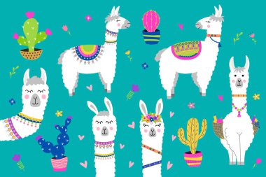 Şirin alpaka kümesi. Toplama tasarım öğeleriyle Lama, kaktüs, çiçekler. Vektör çizim. 