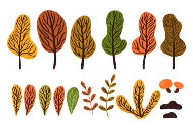İllüstrasyonlar stilize ağaçlar, yapraklar, mantar ile kümesi. Sonbahar. Düz stil. 