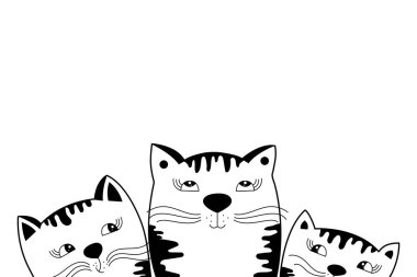 Üç sevimli yavru kedi. En iyi dostlar. Siyah ve beyaz doodle hayvanlar. Vektör çizim. 
