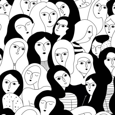 Vektör kadın yüzleri ile seamless modeli. Mutlu kadınlar günü. Feminizm. Elle çizilmiş illüstrasyon.