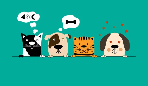 Komik köpek ve şirin kedi arkadaşlarım. Vektör çizim.