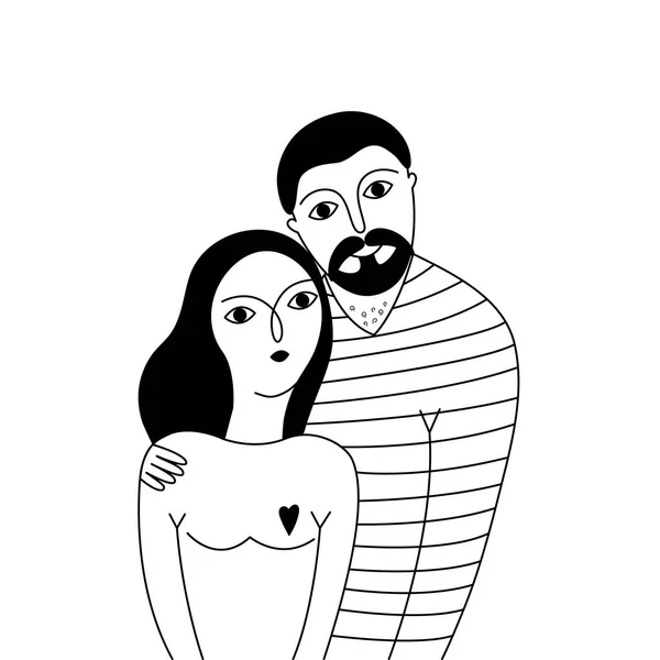 Retrato Feliz Casal Jovem Fundo Branco Ilustração Vetorial Desenhada Mão —  Vetores de Stock