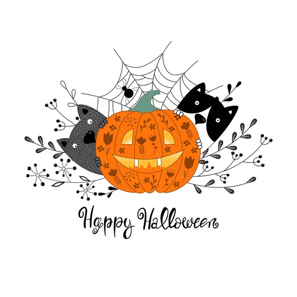 Feliz Tarjeta Halloween Con Calabaza Gatos Lindos Ilustración Vectorial — Vector de stock