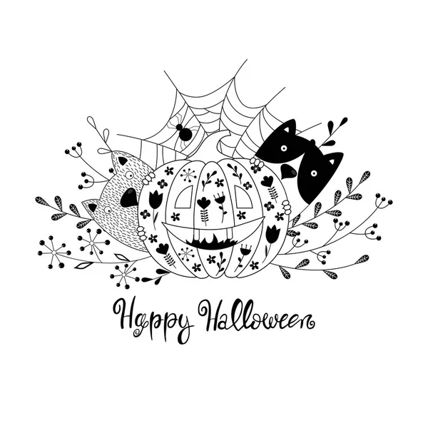 Feliz Tarjeta Halloween Con Calabaza Gatos Lindos Ilustración Vectorial — Vector de stock