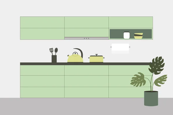 Moderne Nieuwe Lichte Interieur Van Keuken Met Groene Meubilair Keukengerei — Stockvector