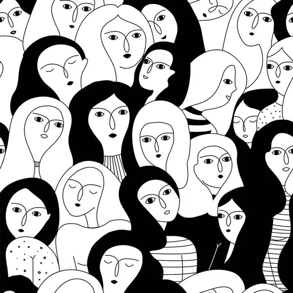 Vektör kadın yüzleri ile seamless modeli. Mutlu kadınlar günü. Feminizm. Elle çizilmiş illüstrasyon.