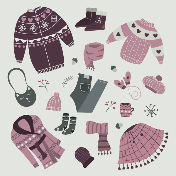 一套时尚的冬季服装 羊毛衫和大衣 雪靴和袜子 围巾和手套 斗篷和毛衣 矢量插图 — 图库矢量图片
