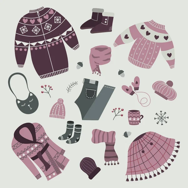 Ensemble Vêtements Hiver Élégants Cardigan Manteau Bottes Chaussettes Neige Écharpe — Image vectorielle