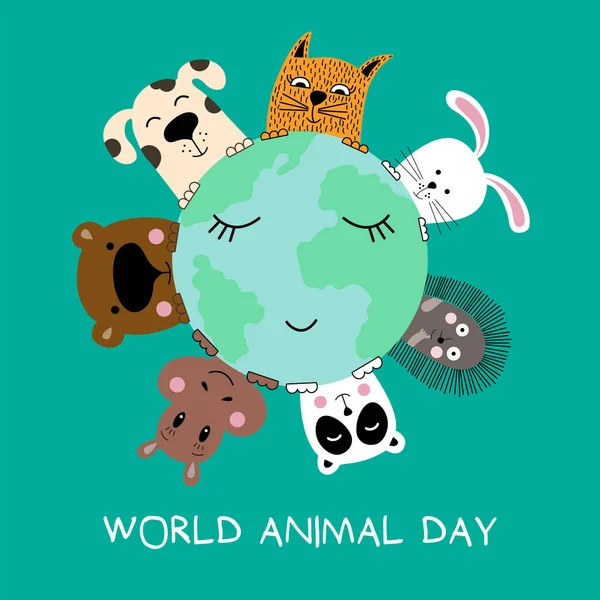 Kedi, köpek, panda, ayı, su aygırı, tavşan ve kirpi ile banner. Dünya hayvan günü. Vektör çizim.