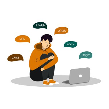Young teenage boy sitting in front of the laptop on white background. Cyber Bullying.  clipart