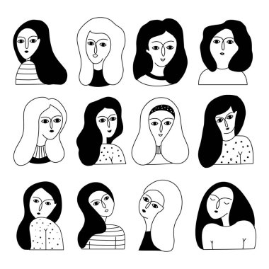 Kadın yüzleri kümesi. Portreler moda kız doodle. Feminizm. Vektör şablonları için sosyal medya, Web sitesi.