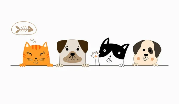 Komik köpek ve şirin kedi arkadaşlarım. Vektör çizim.