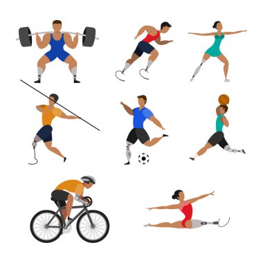 Beyaz bir arka plan üzerinde biyo protez uzuvları ile sporcular kümesi. 