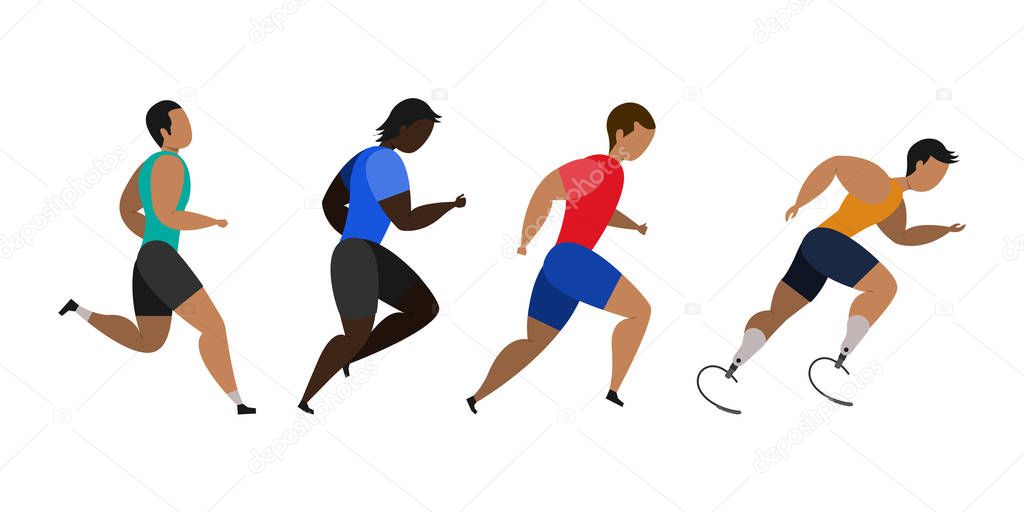 A disabled person is involved in running a marathon. Jogging men. Participants of athletics event trying to outrun each other. Vector illustration.